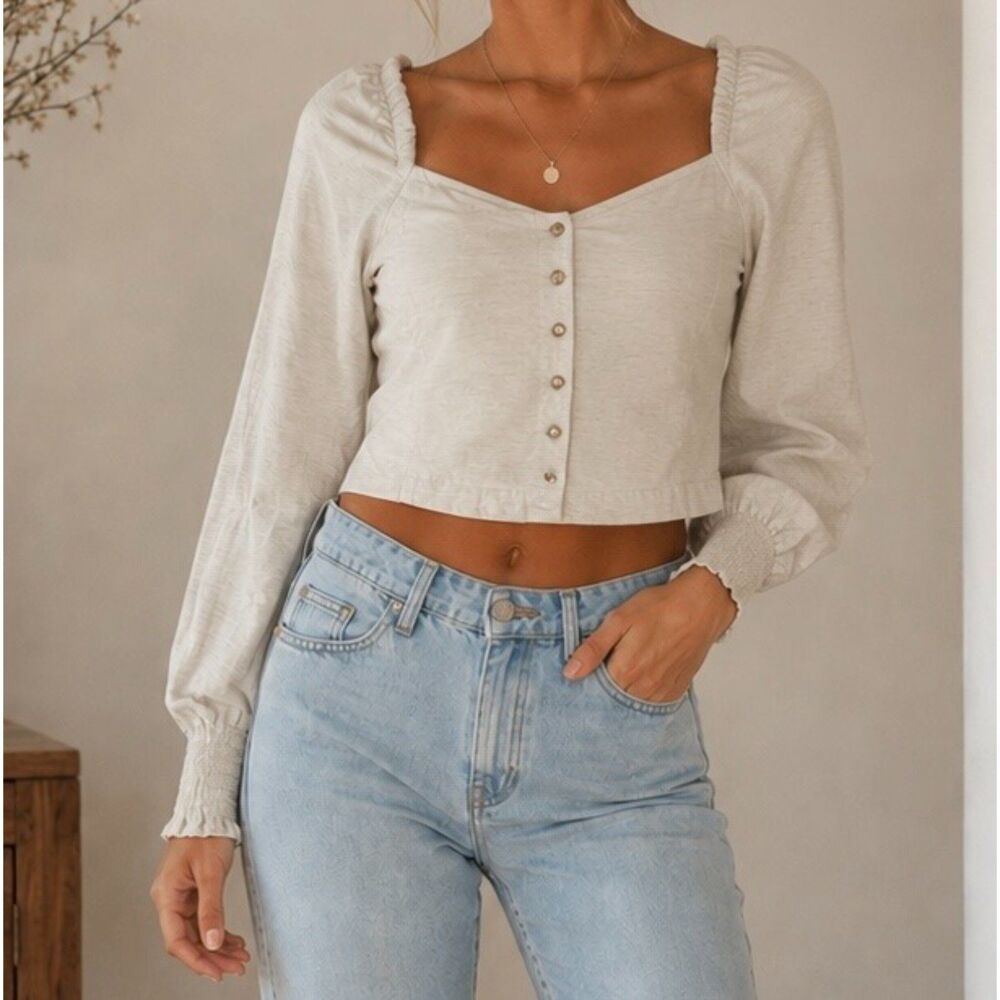 Madewell Corduroy Sweetheart Smocked Back Top Gray Beige Puff Sleeve Size 00/XXS